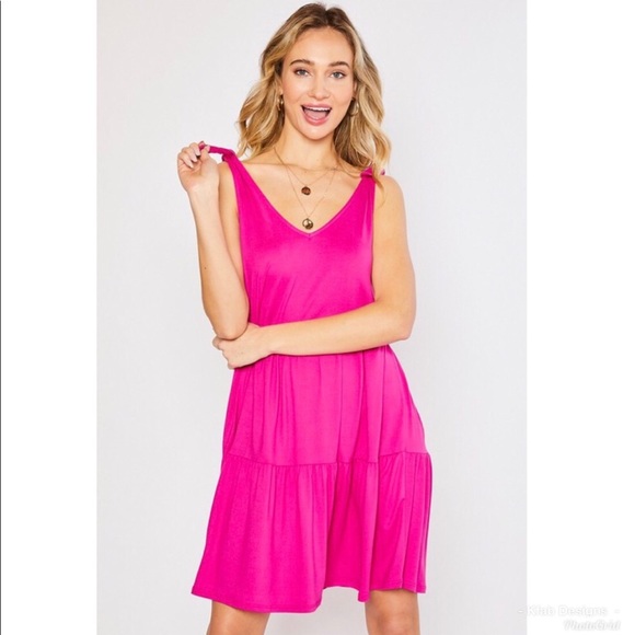 Sale ! Fuchsia Tired Ruffle Vneck Bow Detail Dress - Picture 4 of 7